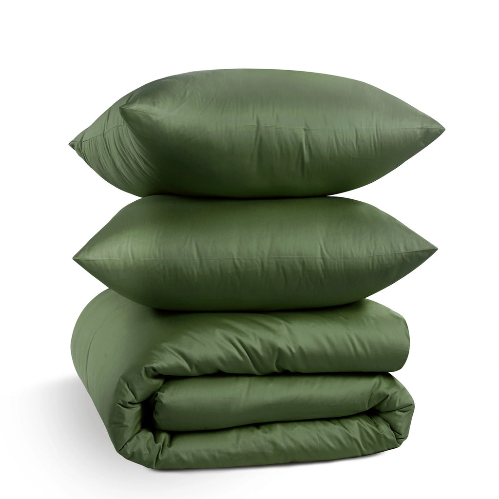 An olive green bedding set consisting of a folded duvet cover and two matching pillowcases, stacked neatly on a white background.