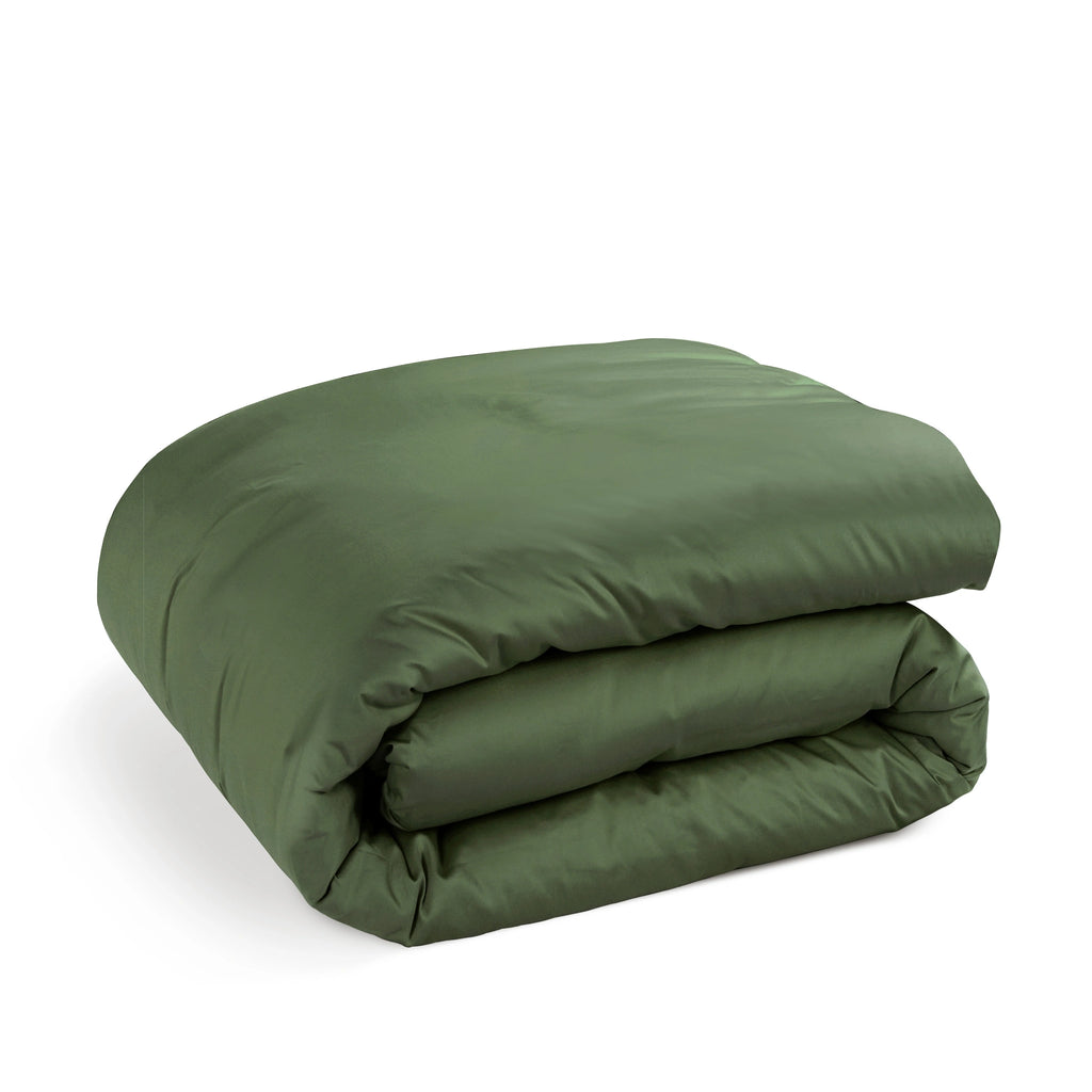 A folded olive green comforter or duvet on a clean white background.